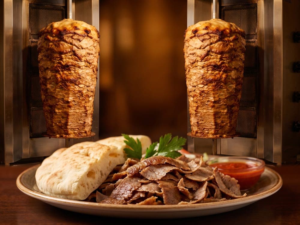 Döner cones turning on vertical broilers with shaved meat piled on a plate