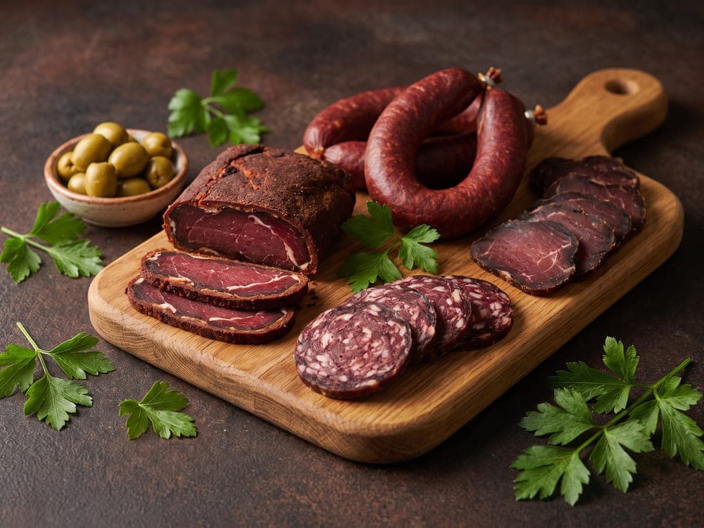 Sliced beef sujuk, pastirma, salami, and turkey breast fanned on a wooden board