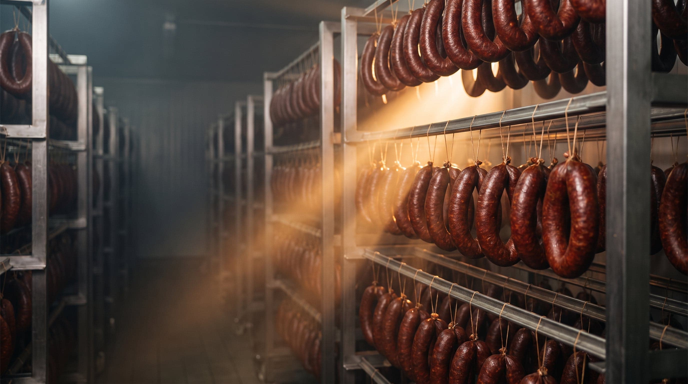 Rings of beef sujuk curing on stainless steel racks