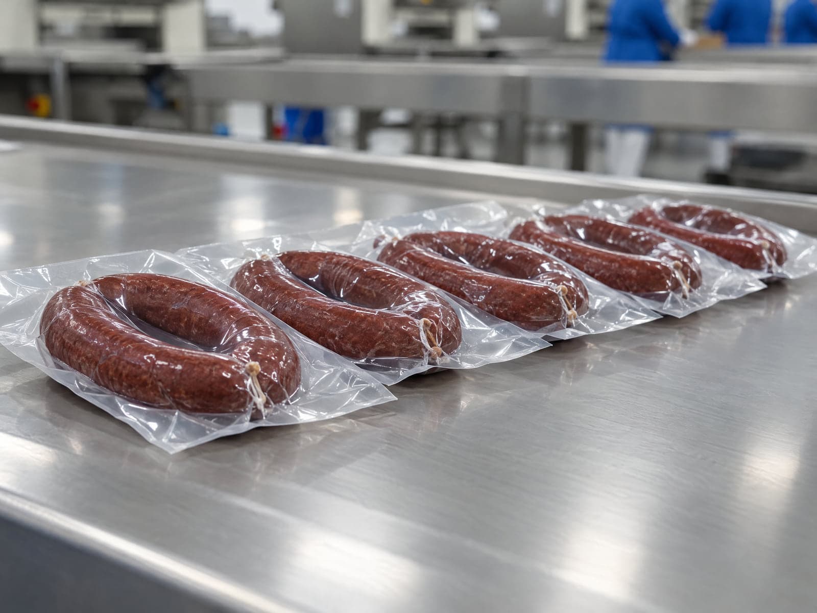 Rings of beef sujuk, each vacuum sealed, in a row on a stainless steel packing table